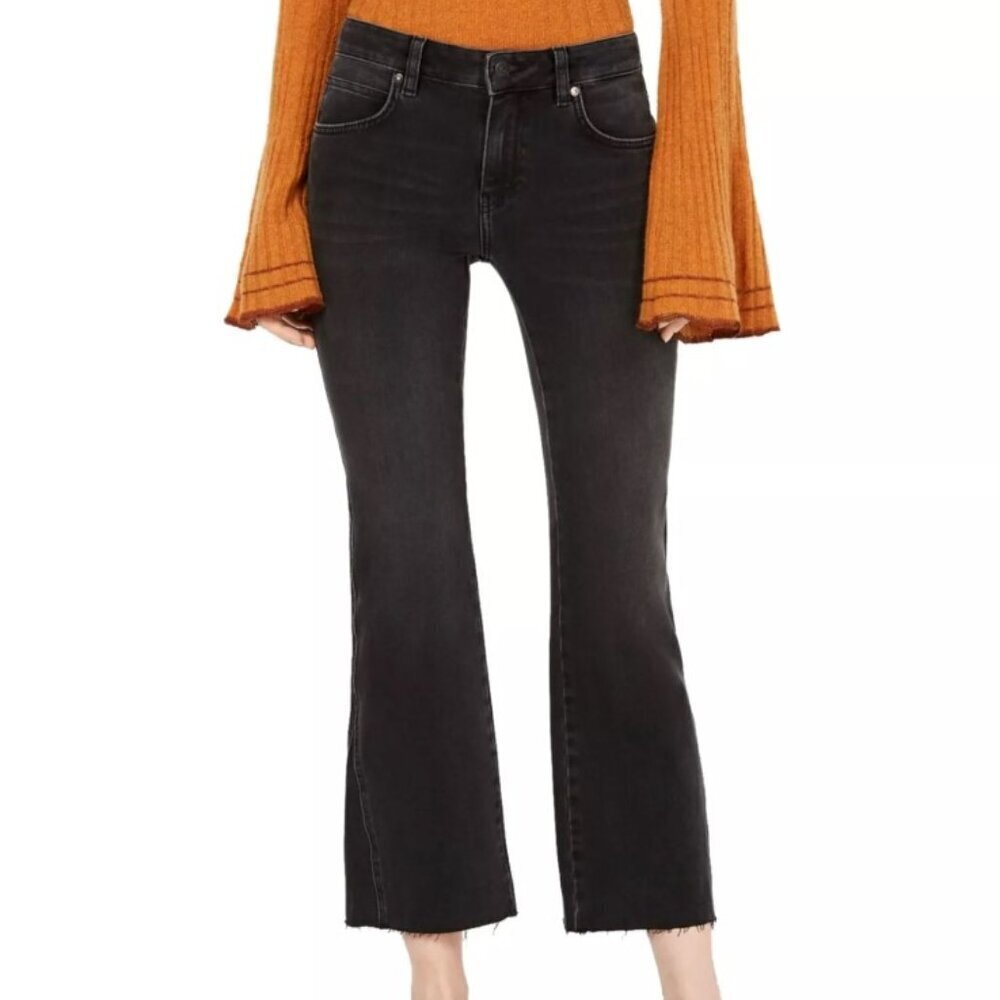Free People Black Rita Cropped Frayed Flare Jeans